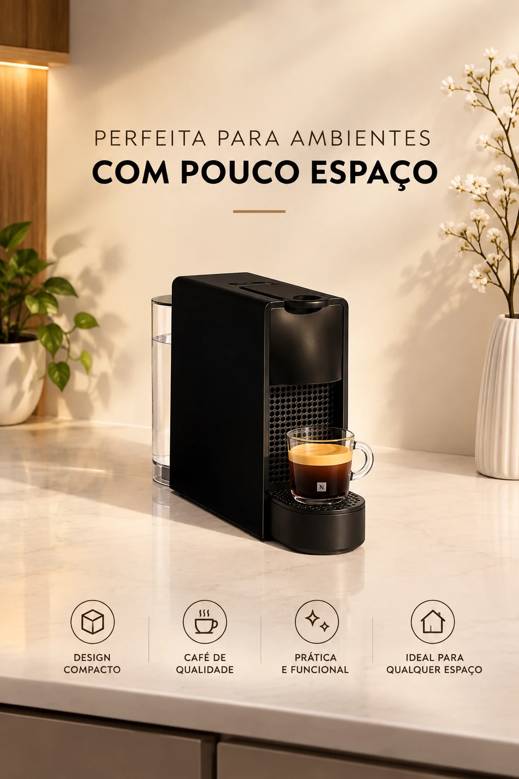 Cafeteira compacta preta sobre uma bancada de cozinha