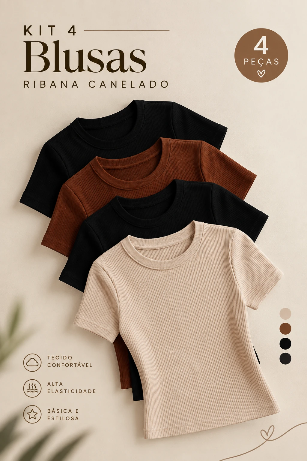 Quatro blusas caneladas em tons neutros: pretas, marrom e bege