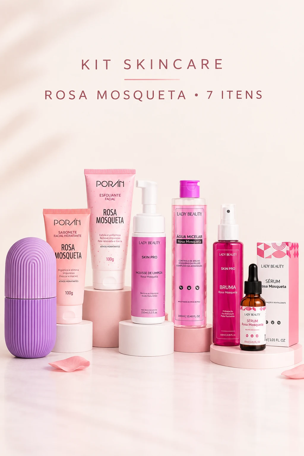 Kit de skincare rosa mosqueta com sete itens para limpeza facial e autocuidado