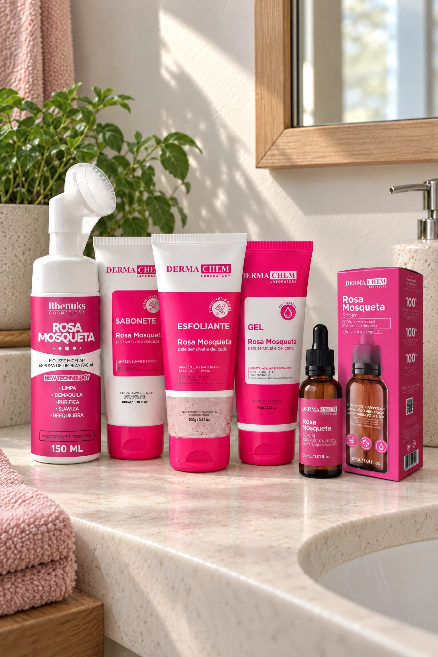 Kit de cuidados faciais de rosa mosqueta com mousse, tubos de sabonete, esfoliante e gel, e sérum