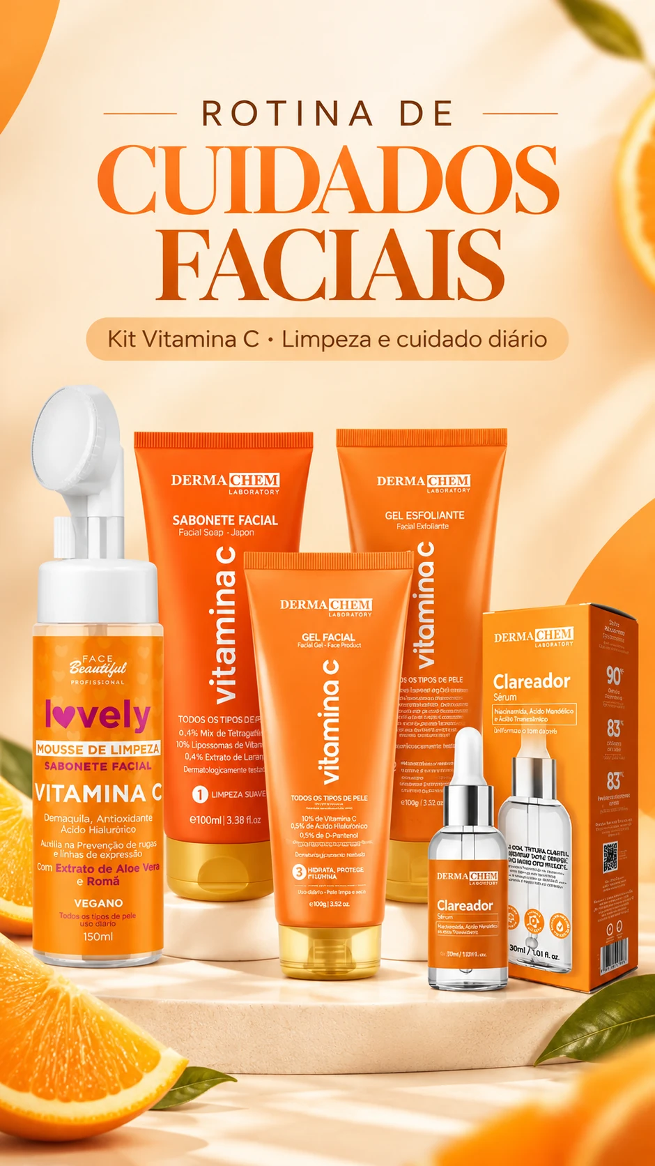 Arte do kit de skincare Derma Chem com vitamina C, com itens de limpeza e cuidados faciais