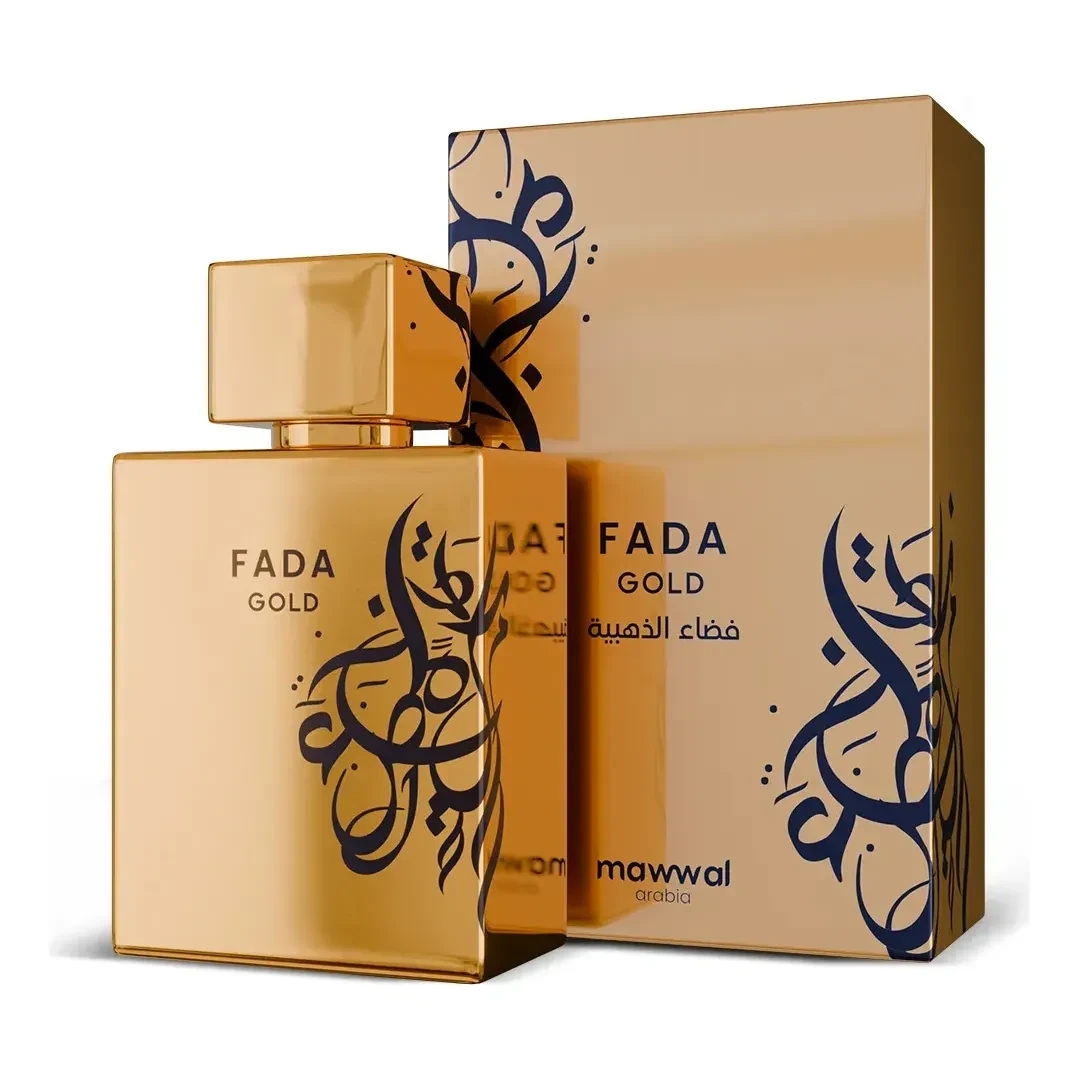 Frasco e caixa dourados do perfume Mawwal Fada Gold